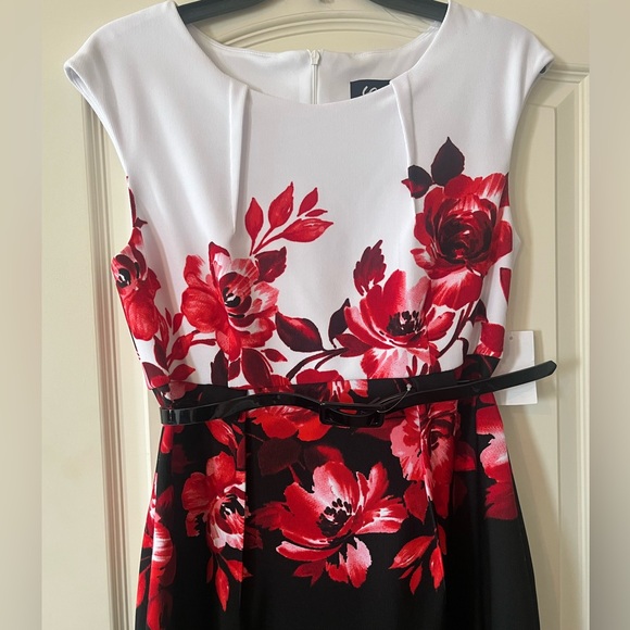 Studio Connection Belted White & Black Floral Dress with Red Rose Print Size 8 - Picture 9 of 14